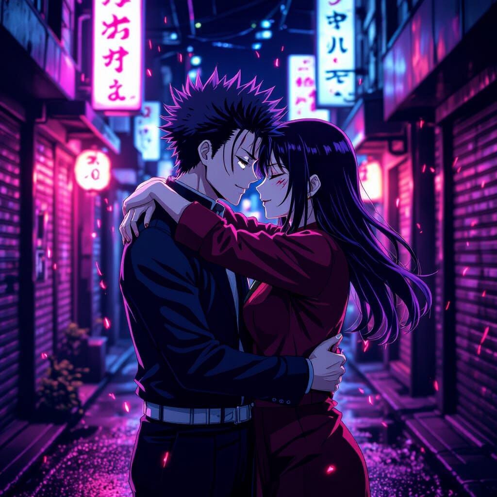 Anime Characters Embrace Under Neon Tokyo Glow
