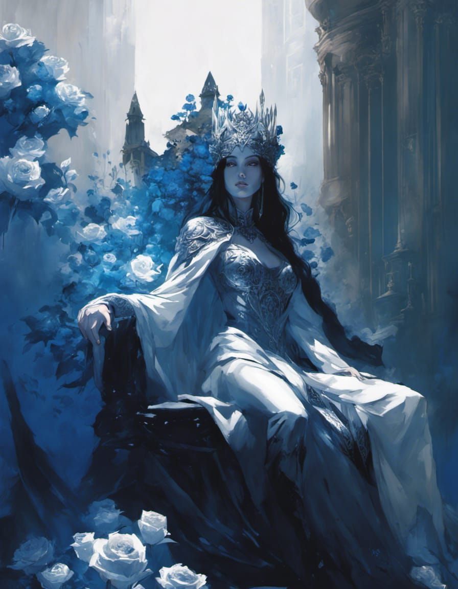 Goddess Hel on Throne with Blue Roses