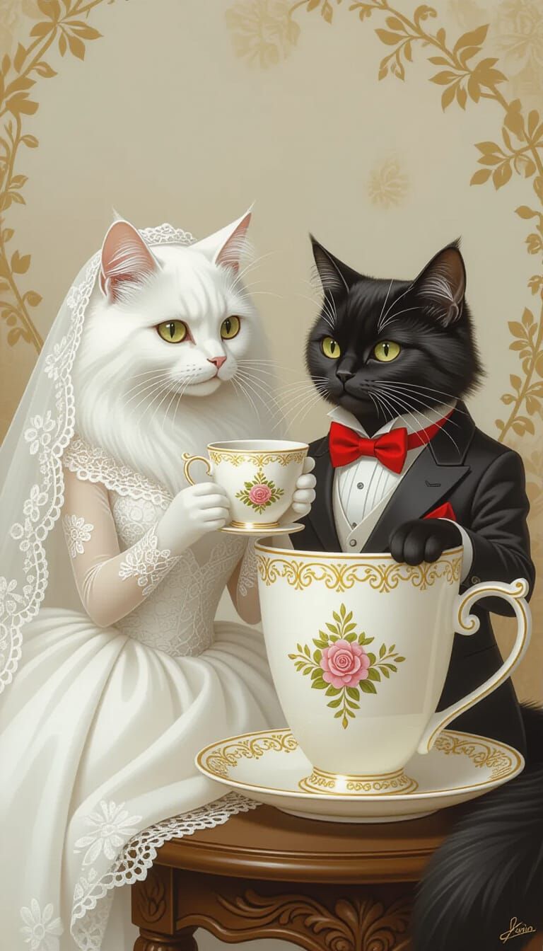 Cats in Wedding Attire Drink Coffee