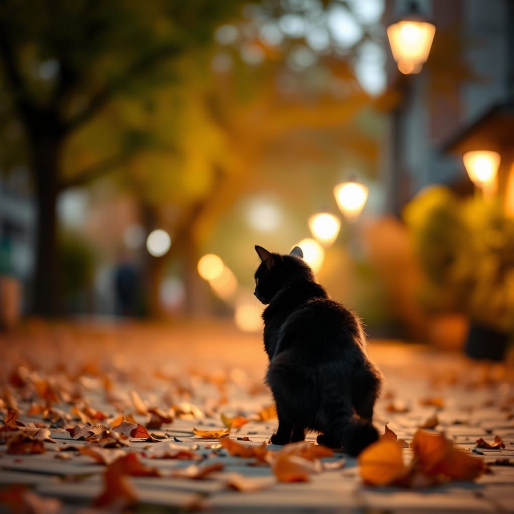 Autumn Town Scene with Black Cat and Bokeh