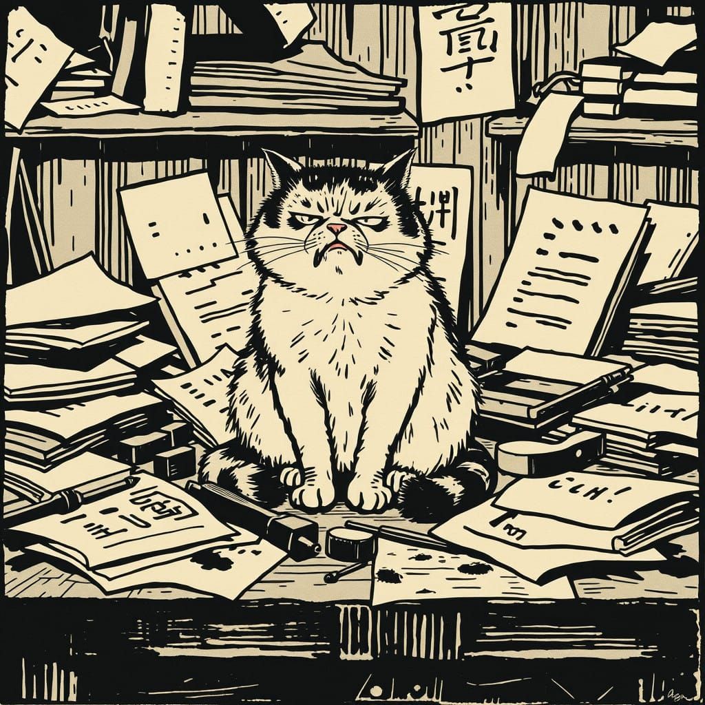 Disgruntled Cat amidst Relief Printing Chaos in Distressed W...