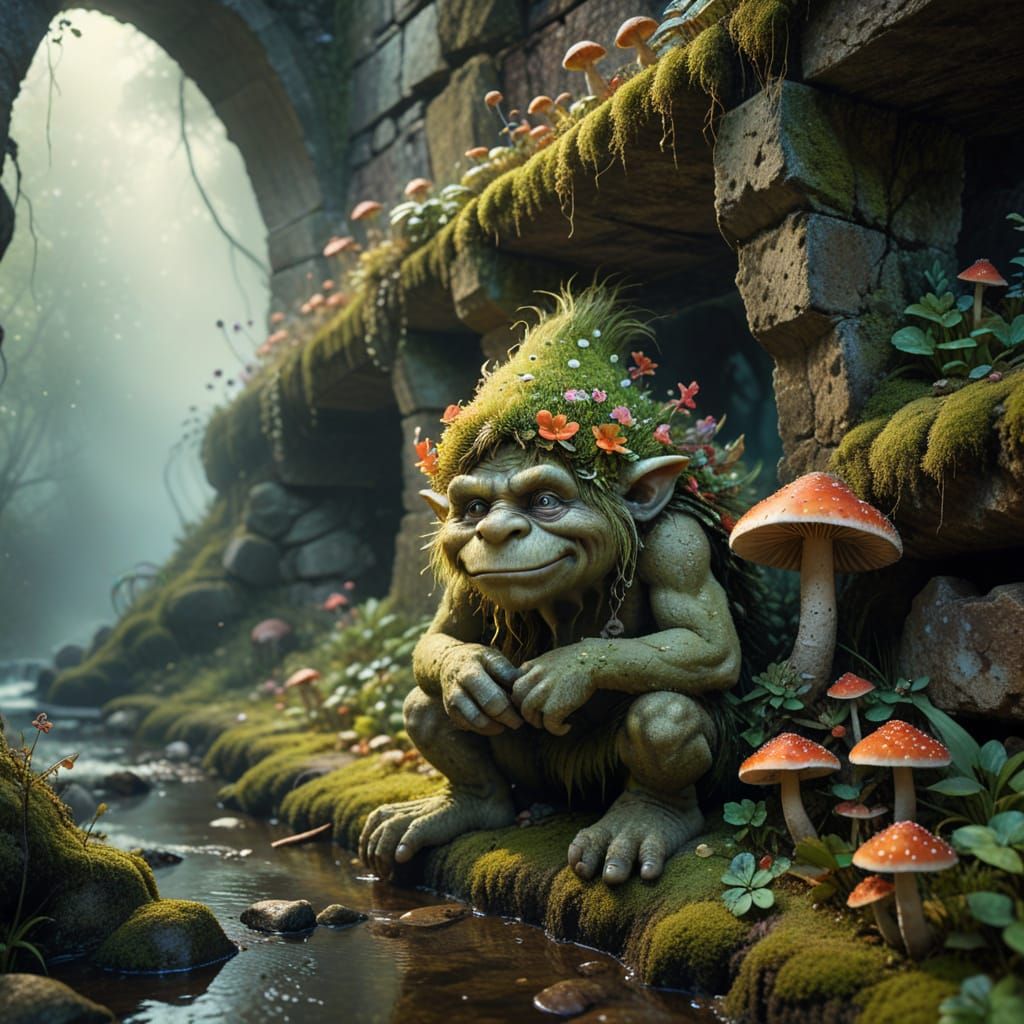 Moss Troll Hiding Under Bridge in Fantasy Illustration