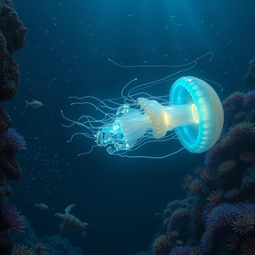 Bioluminescent Jellyfish Drifting Through Coral Reef