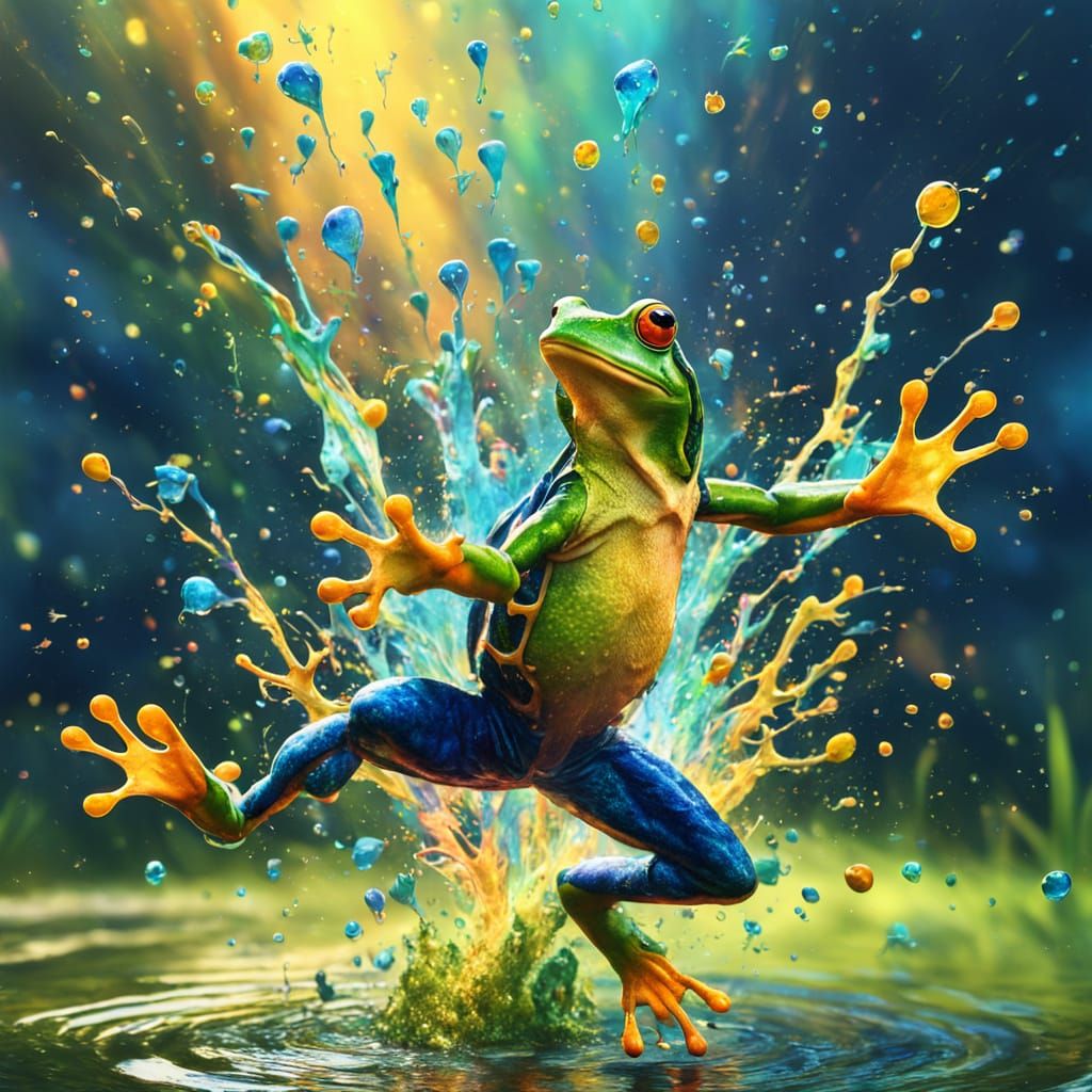 Vibrant Frogs Leaping in Colorful Digital Art