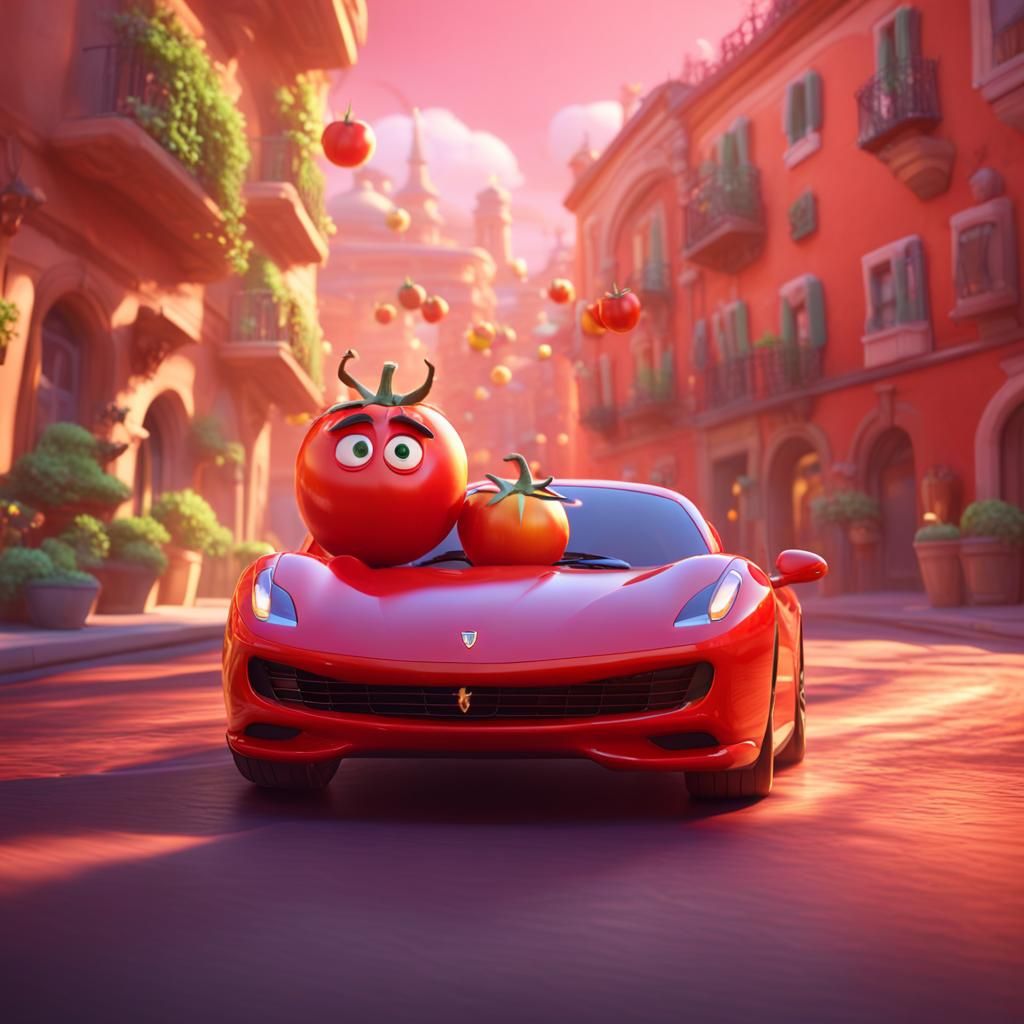 Tomato in a Ferrari, Pixar-Style 3D Art