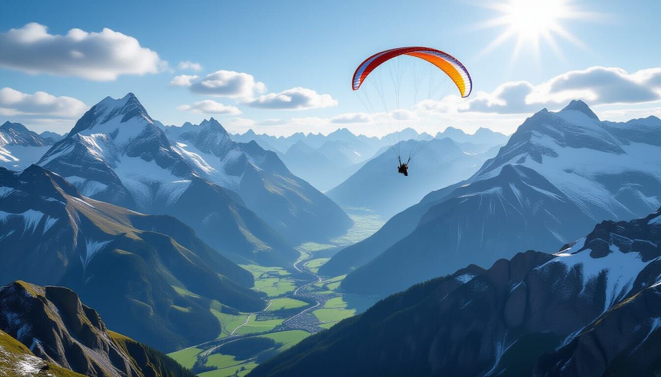 Paraglider Soars Over Vast Swiss Alps Landscape