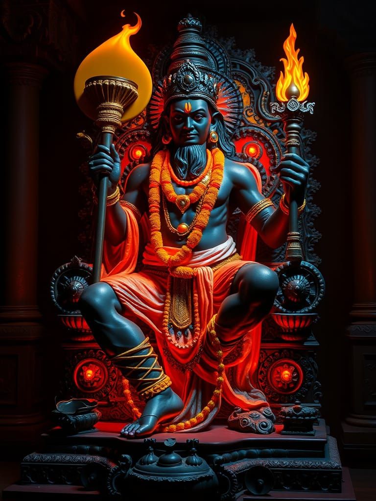 Hanuman, Dark Gray Lava Fire Sculpture, in a Dramatic Temple...