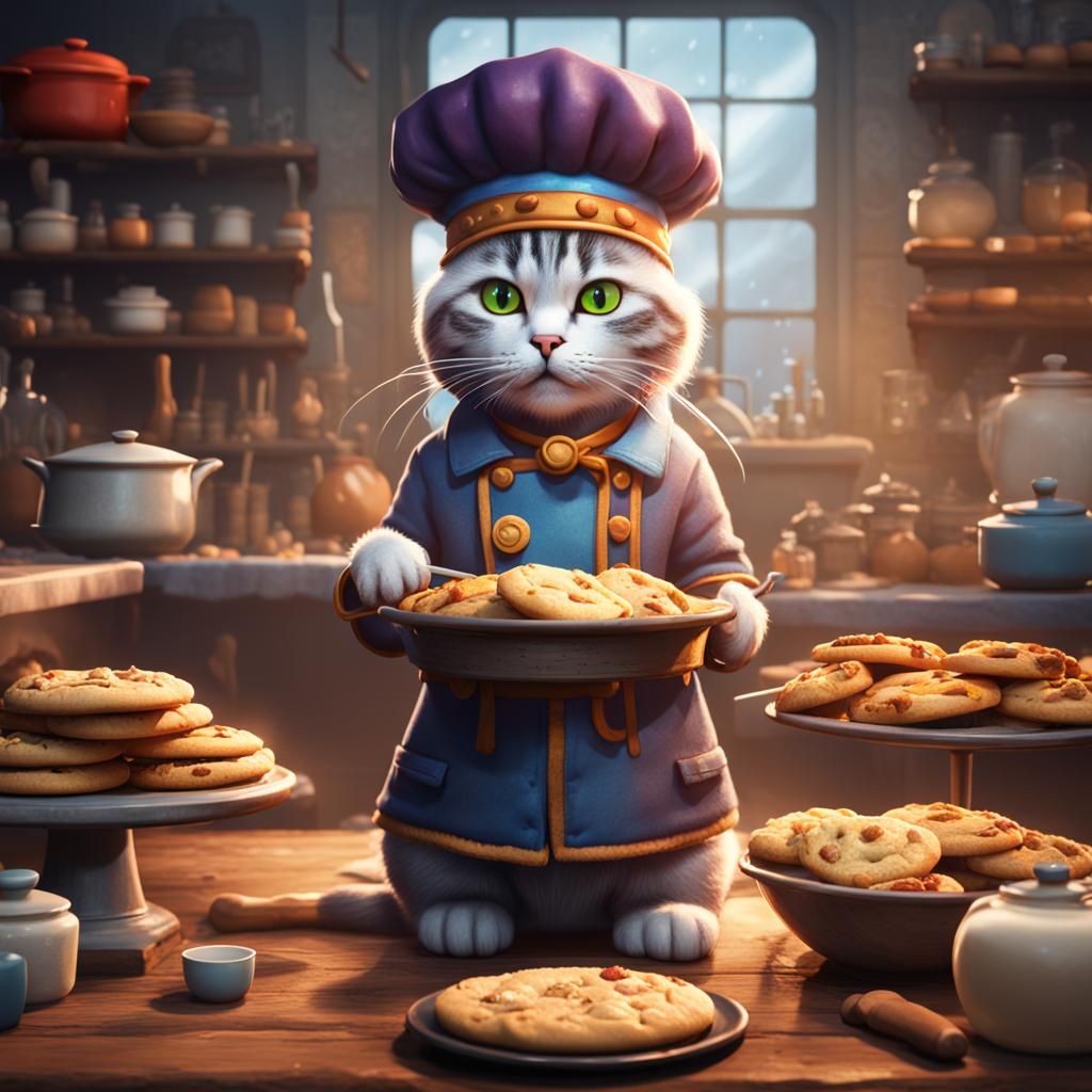 Cat Baker in Chiefs Outfit Baking Cookies