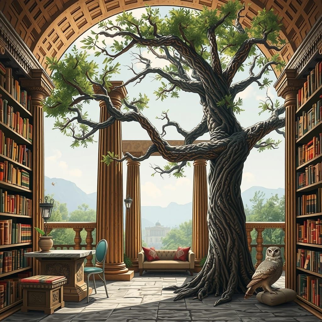 Classical Greek Library Scene with Tree and Owl in Harmony