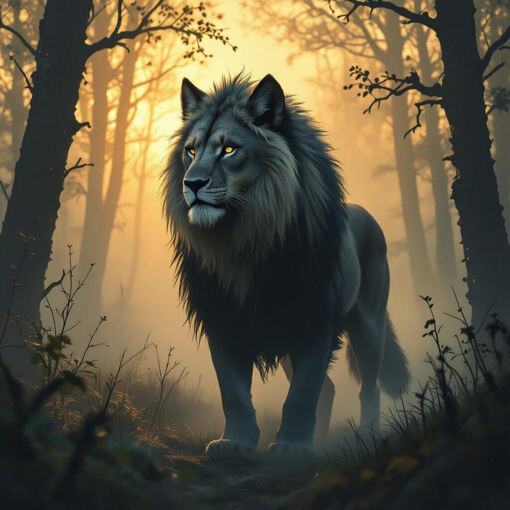 Lion Wolf Hybrid in Misty Forest at Dawn
