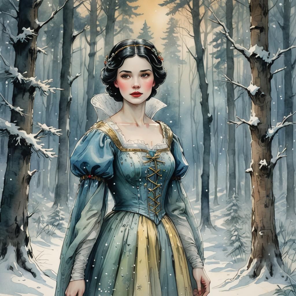 Snow White in Snowy Forest Watercolor Illustration