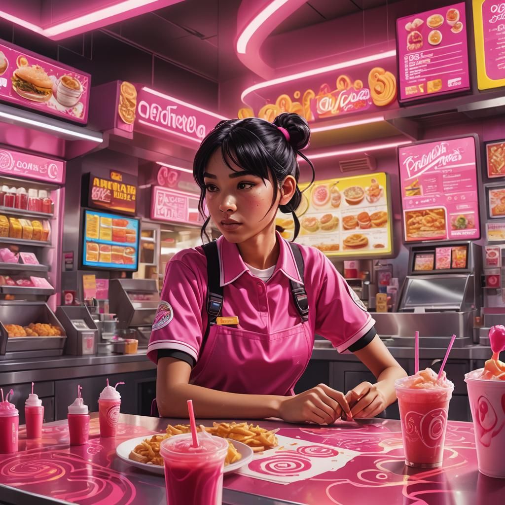 Teen Girl Working at Neon Arcade: Concept Art