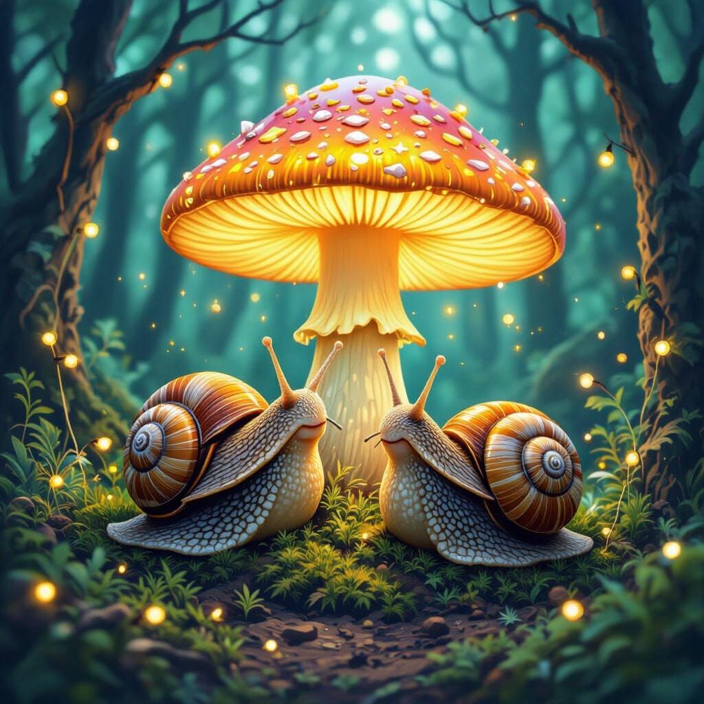 Snails Under Mushroom in Cosmic Style