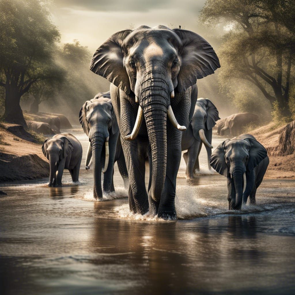 Elephants Walking Through River in Hyperrealism
