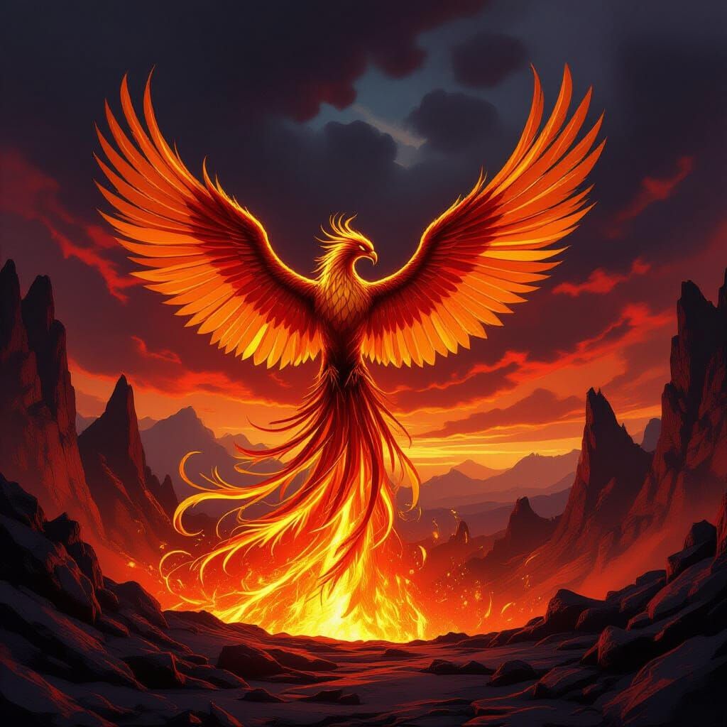 Majestic Phoenix Rises From Volcanic Caldera in Epic Fantasy...