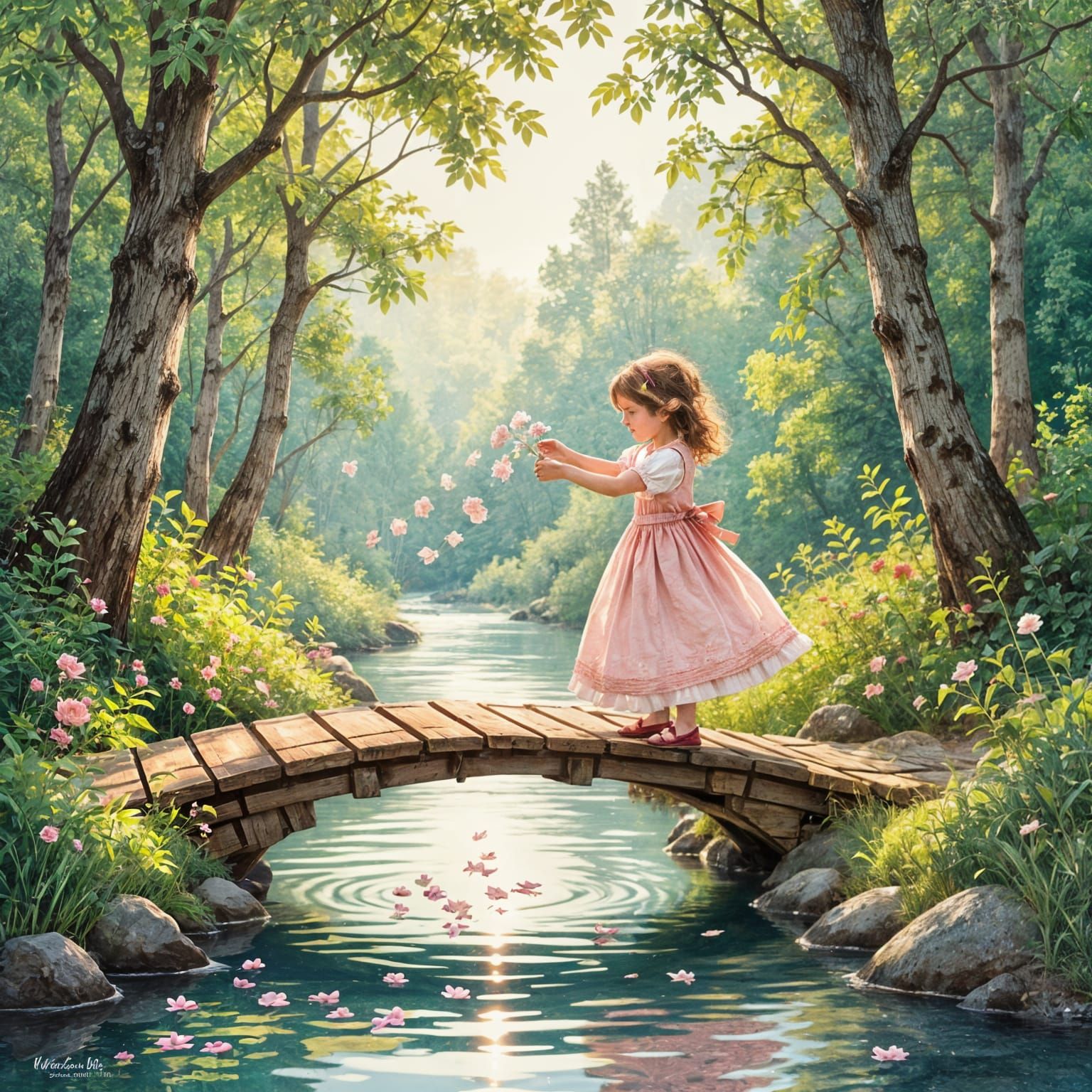 Girl in Pink Dress Tossing Flowers from Bridge