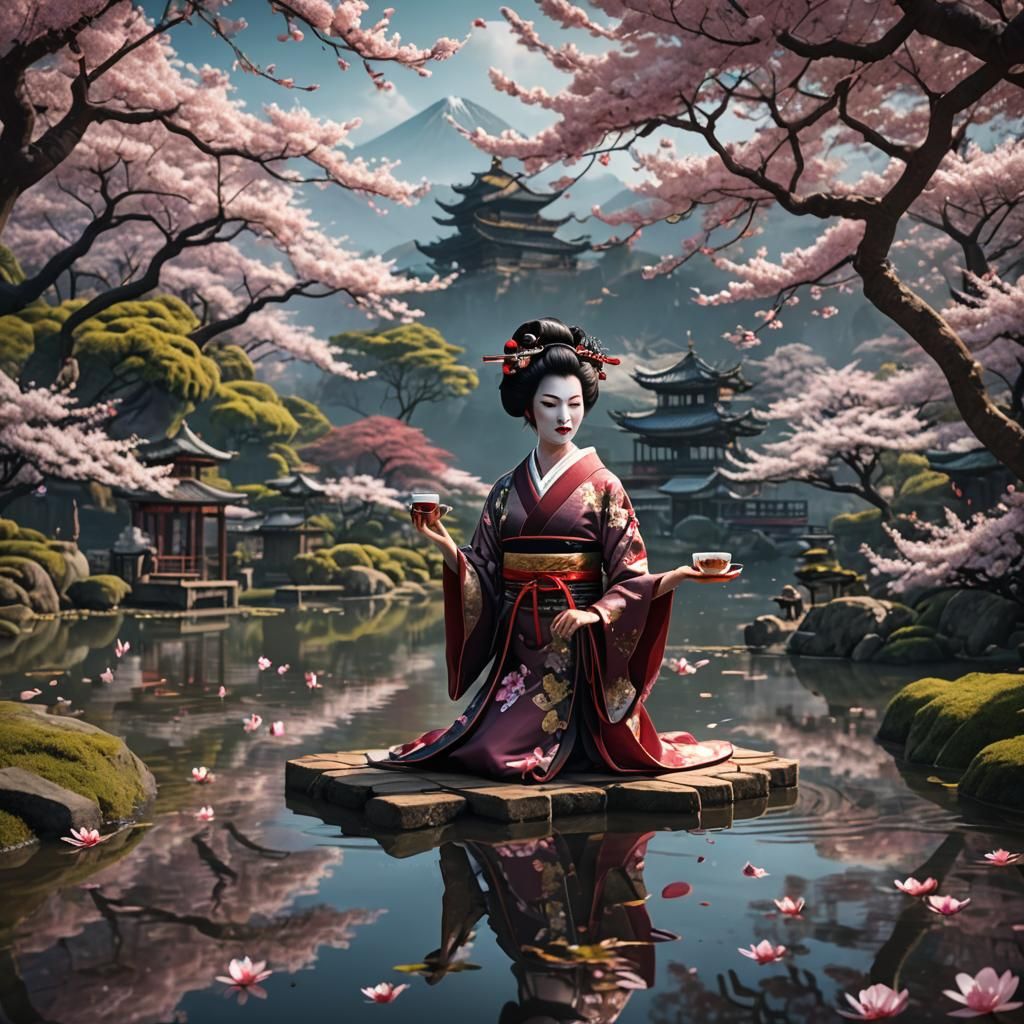 Geisha in Cherry Blossom Tea Garden: Matte Painting