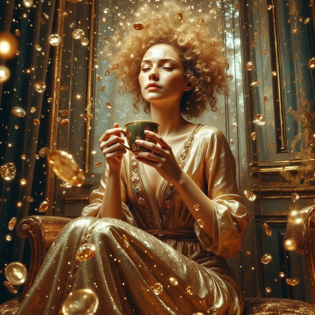 Zero Gravity Coffee Break: Woman Levitating with Floating Mu...