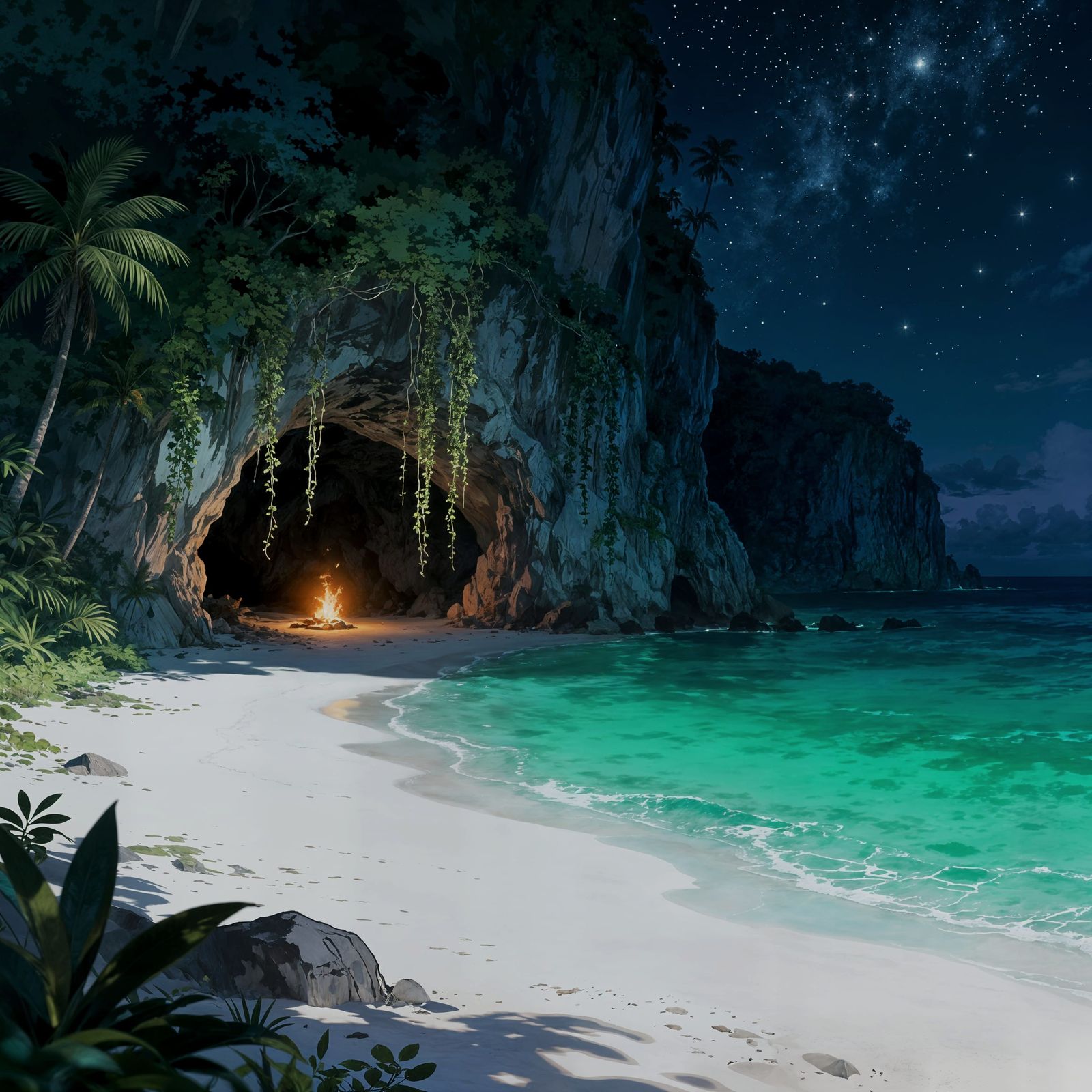Secluded Tropical Beach at Night with Cave and Bonfire