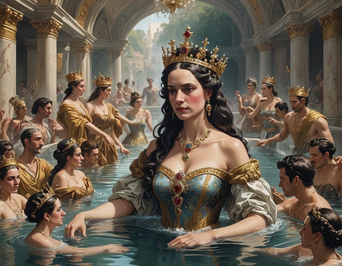 Queen Bathes with Courtiers in Grand Steam Pool