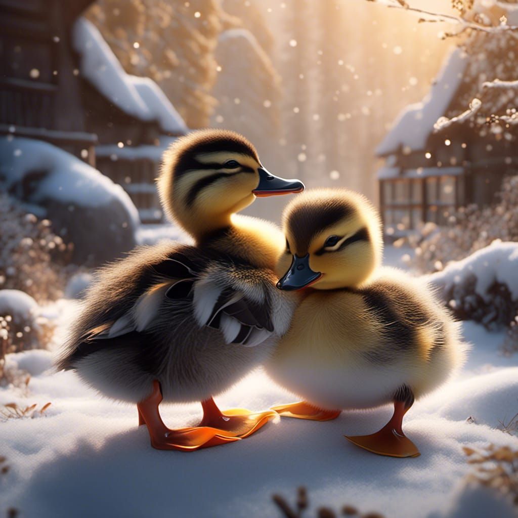 Ducklings Snuggled in Snow: Detailed Digital Art