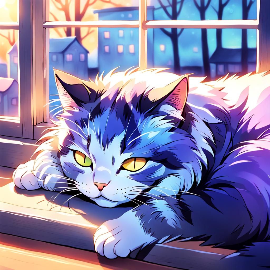 Cat Sleeping on Windowsill in Vibrant Manga Style