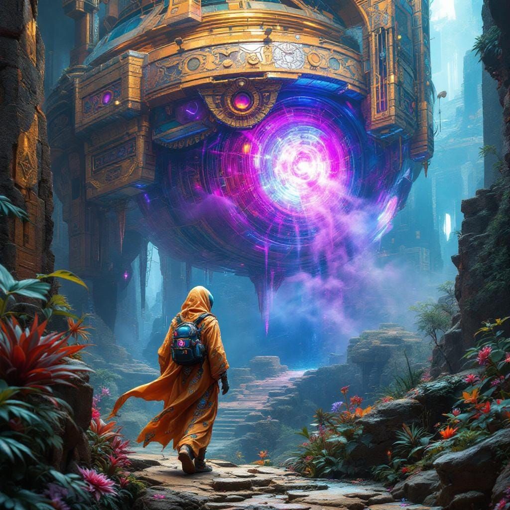 Alien Hiker in Escher-Inspired Magical Ruins