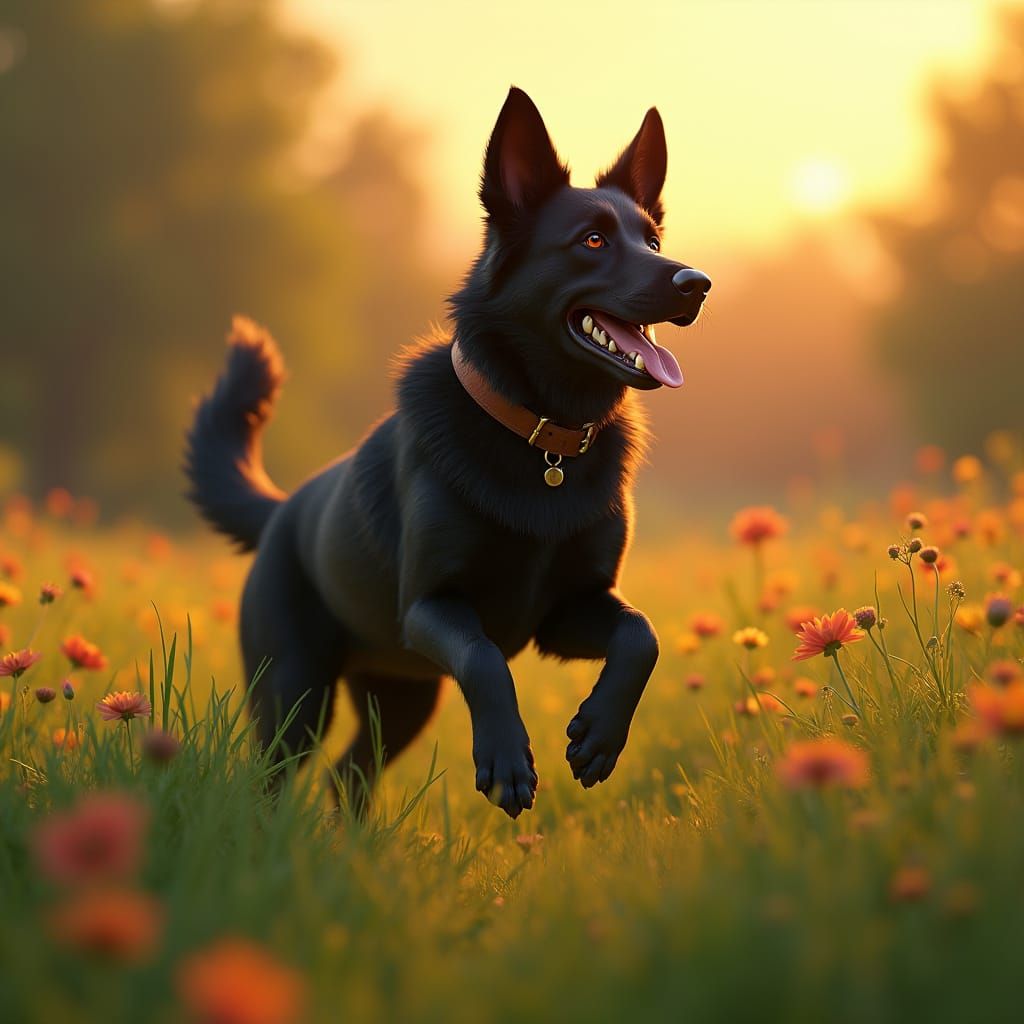 Majestic Black German Shepherd in Sunset Field with Wildflow...