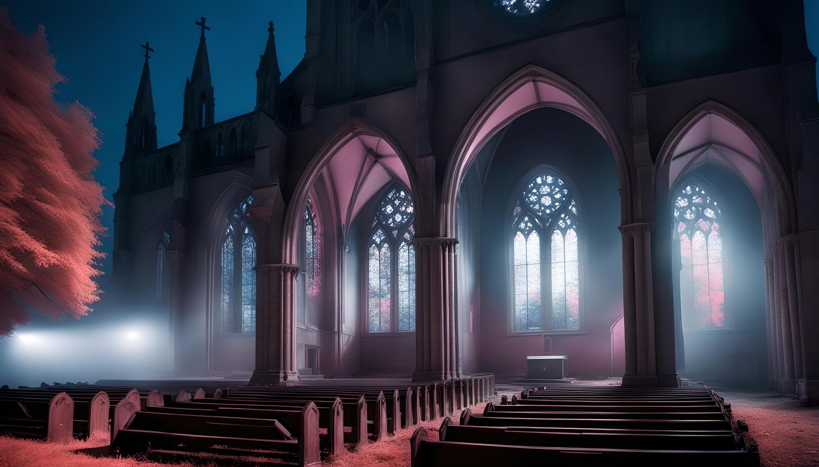 Abandoned Gothic Church at Night in Infrared