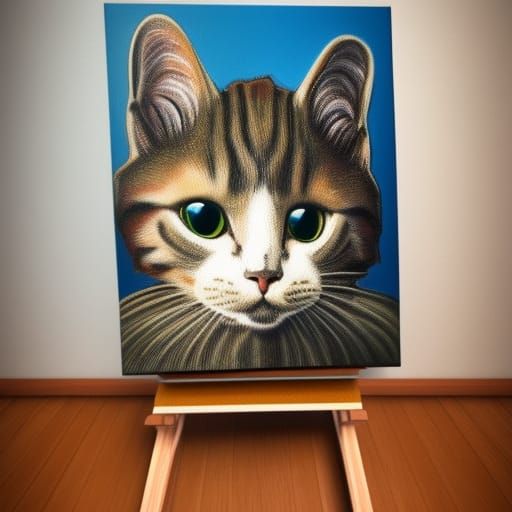 Anthropomorphic Cat Painting with Bob Ross Wig