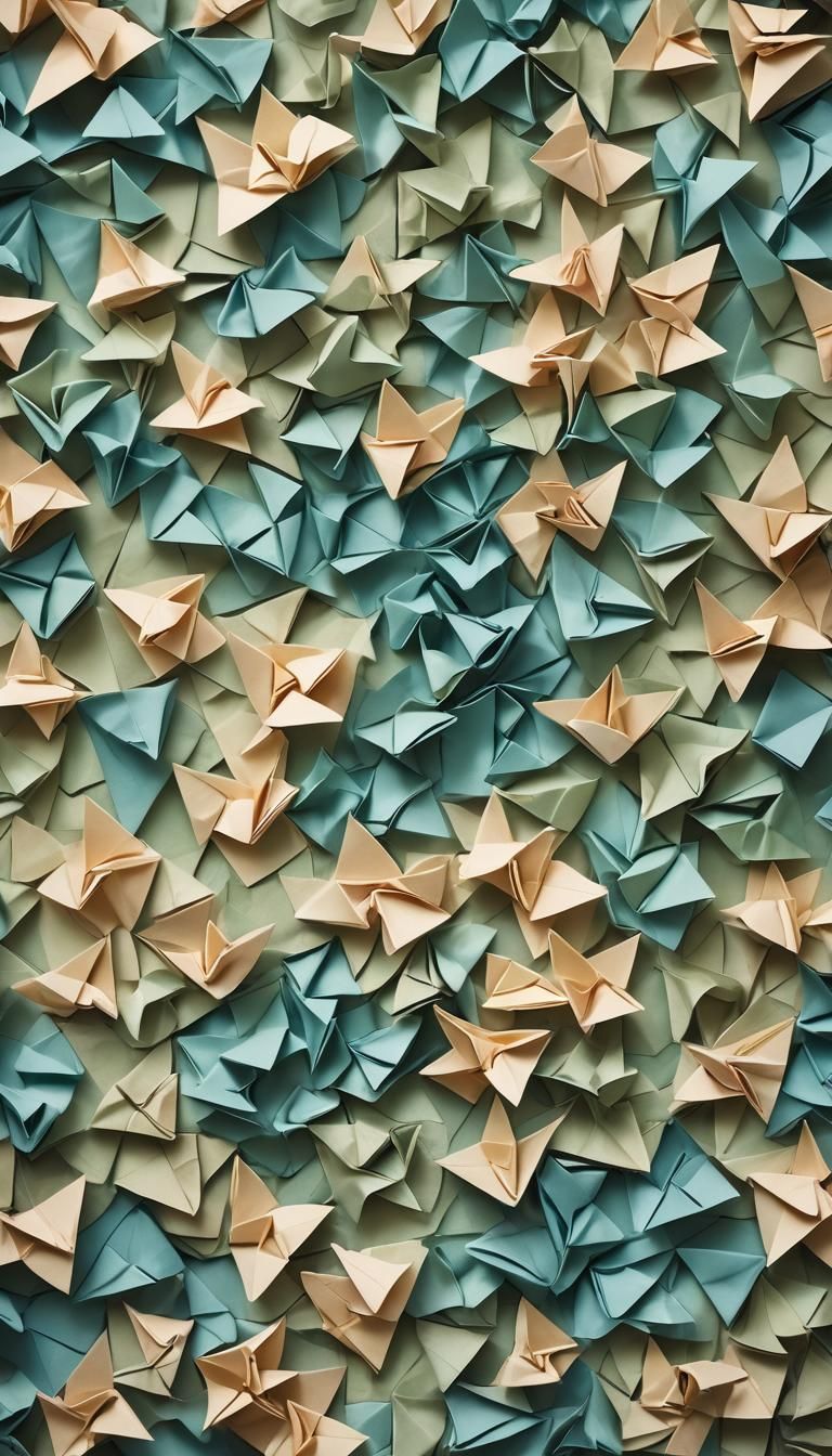 Serene Origami Paper Folds in Forest, Hiroshige Style