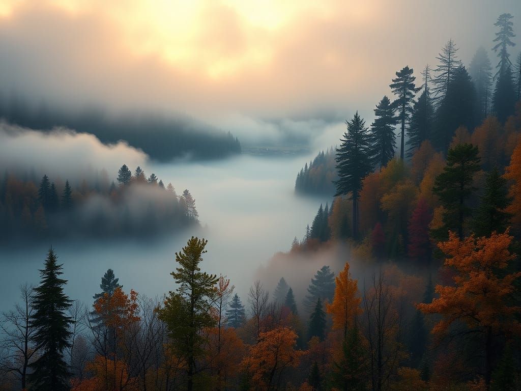 Autumn Forest Foggy Lakeshore Sunrise