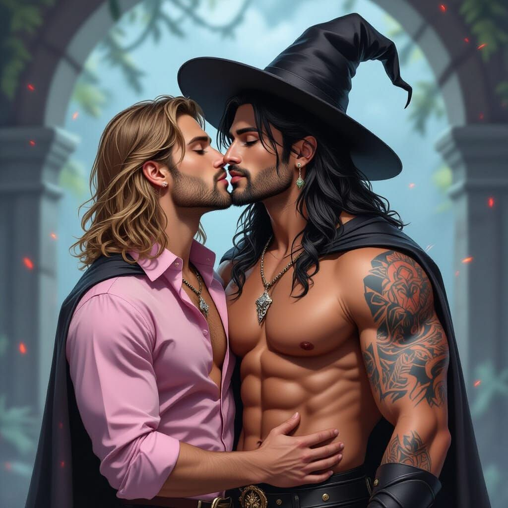 Muscular Male Witch with Friend in Magic Forest