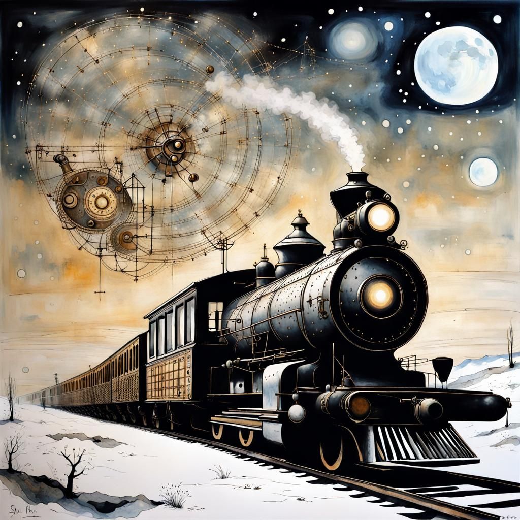 Steampunk Train Amidst Winter Constellations