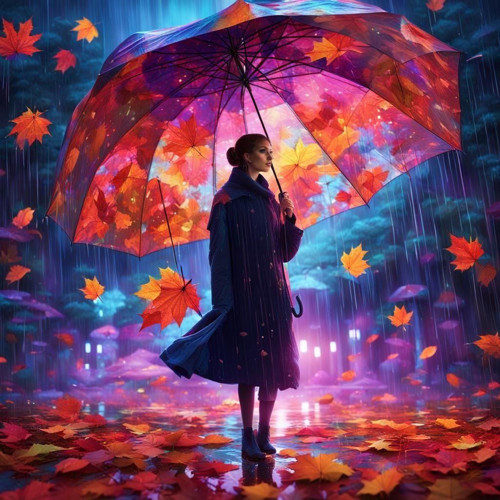 Neon Umbrella in Autumn Rain: Fantasy Art