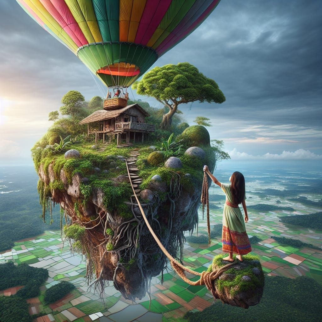 Girl Launches Hot Air Balloon from Floating Island