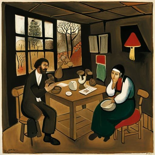 Cozy Forest Hut Interior in Folk Art Style