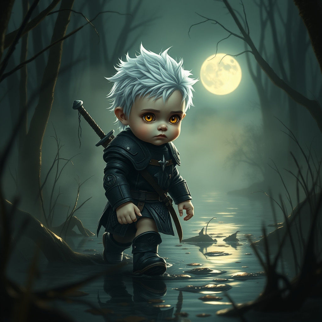 Toddler Geralt Cosplay in Misty Swamp, Dark Fantasy Art