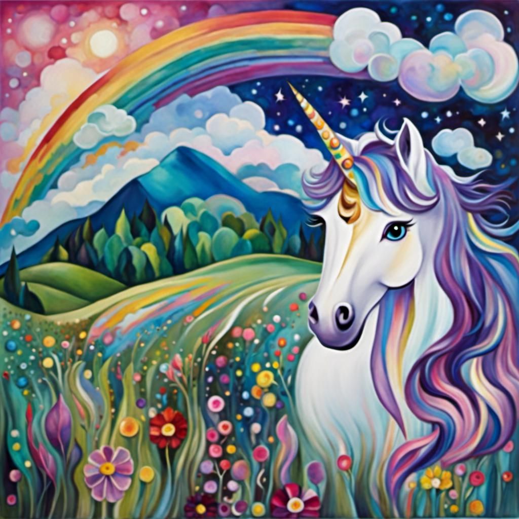 Unicorn and Shooting Star in Klimt Cubist Style