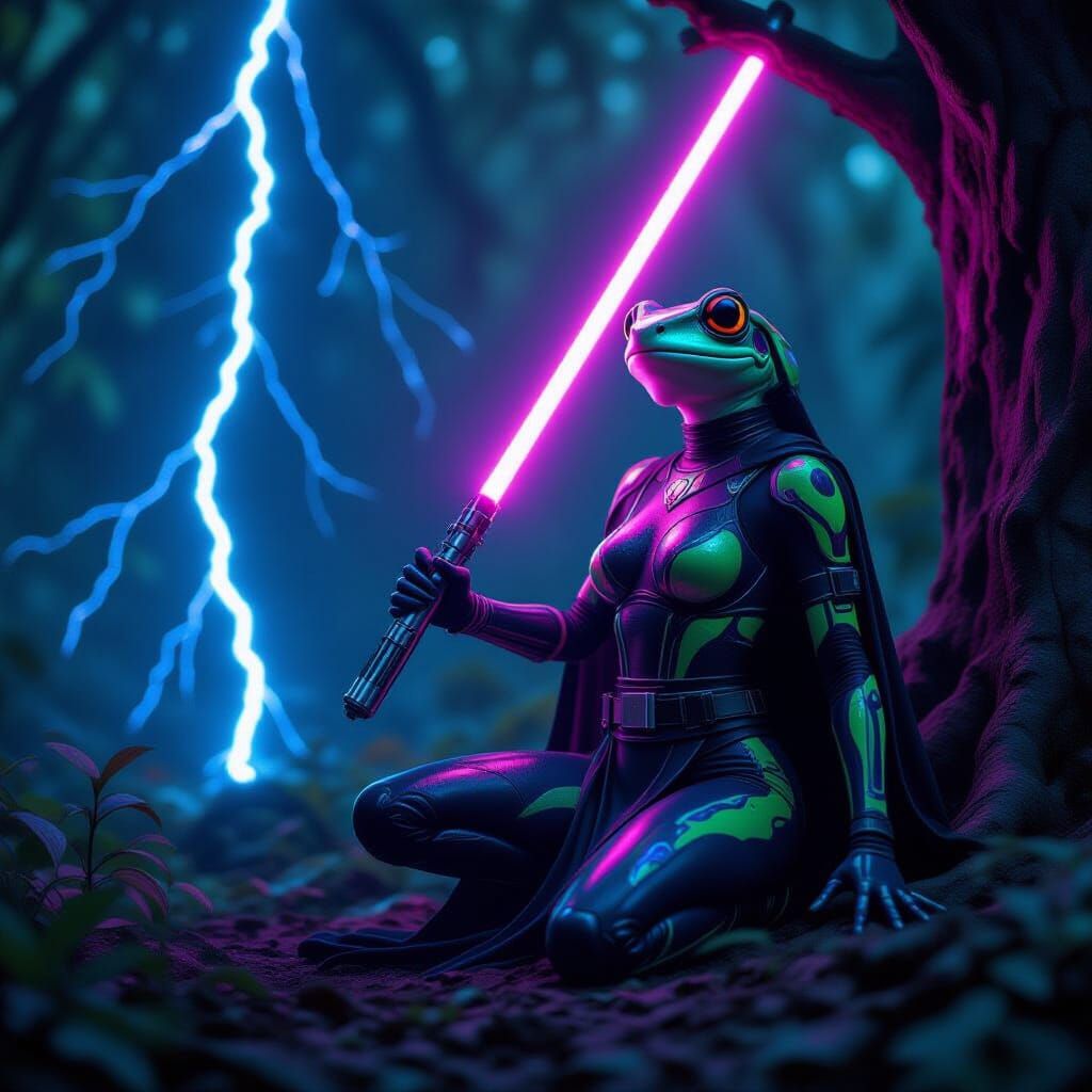 Neon Hybrid Jedi with Lightsaber Above Lightning Tree