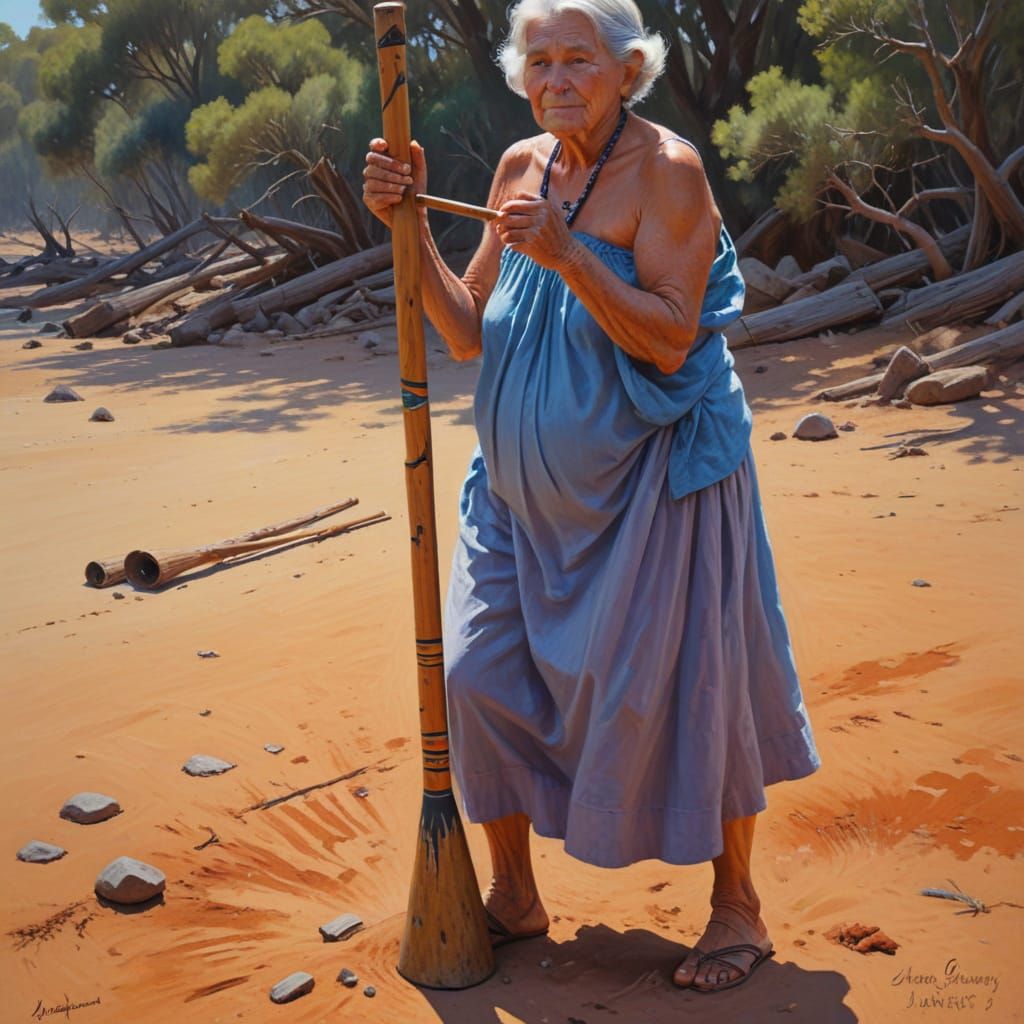 Didgeridoo Playing Grandma in Oil Painting Style