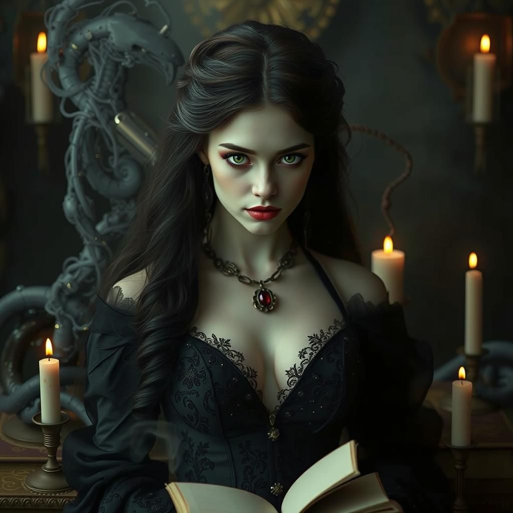 Victorian Witch Surrounded by Bio-Art Experimentation