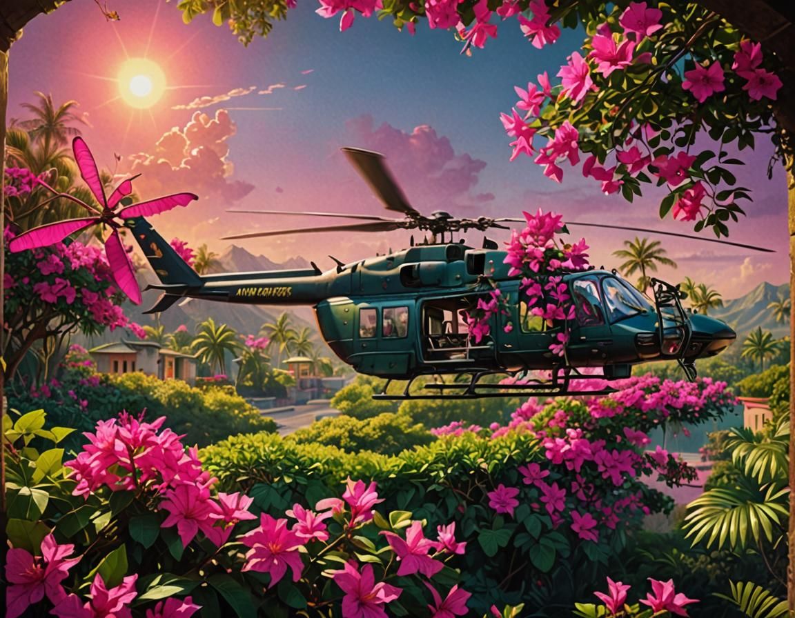 Helicopter with Bougainvillea and Praying Mantis