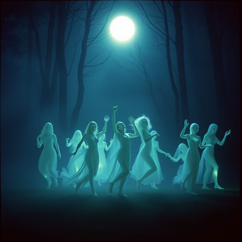Spirits Dancing Under a Full Moon in a Misty Forest