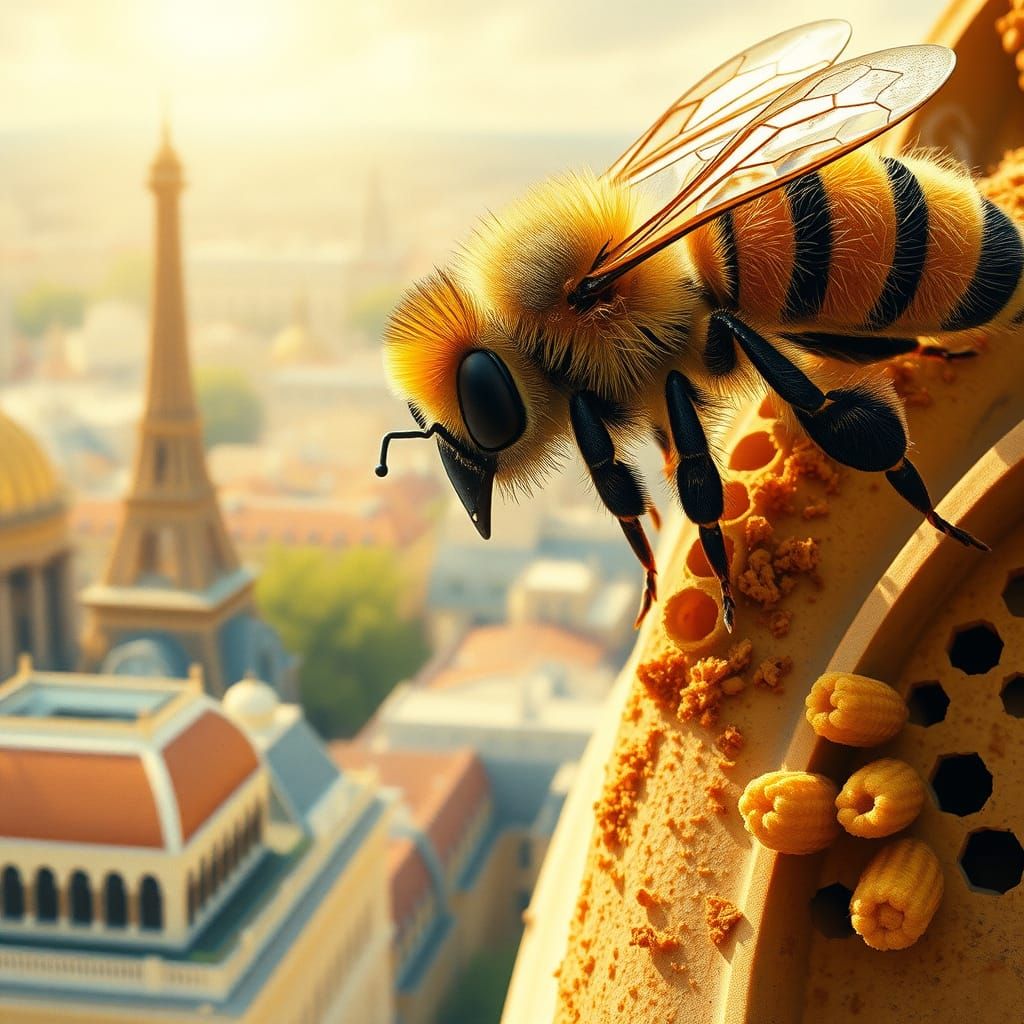 RUCHE SUR LE TOIT DE l'OPERA DE PARIS, avec en GROS PLAN la ...