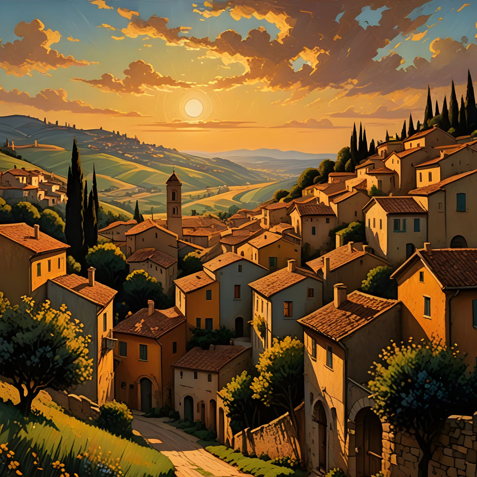 Vibrant Italian Village in Thick Impasto Style