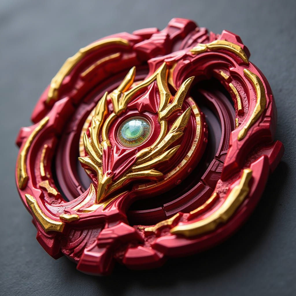 Crimson Beyblade with Aggressive Metal Blades and Golden Acc...