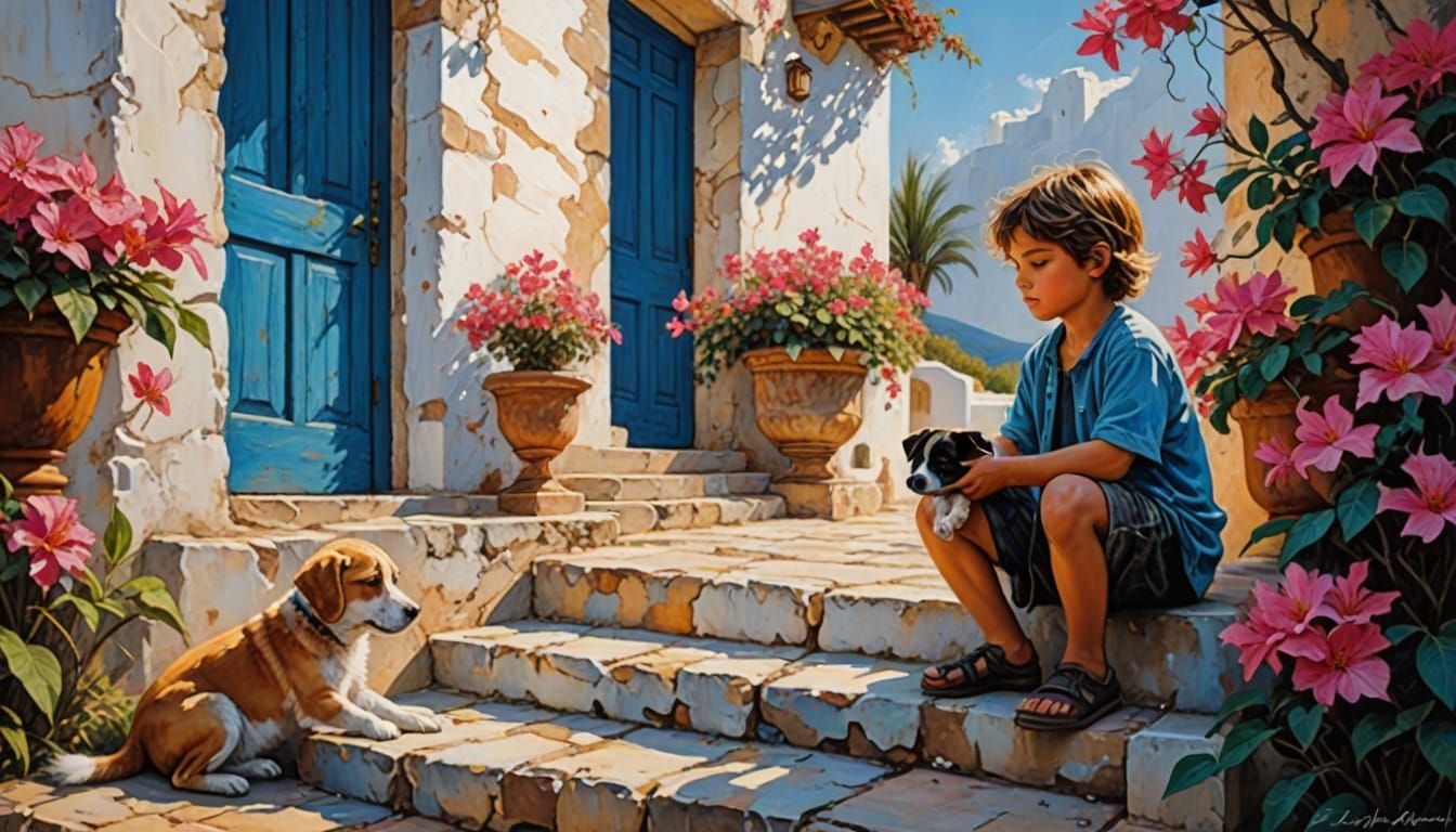 Cycladic Puppy: Impressionist Painting in Luis Royo Style