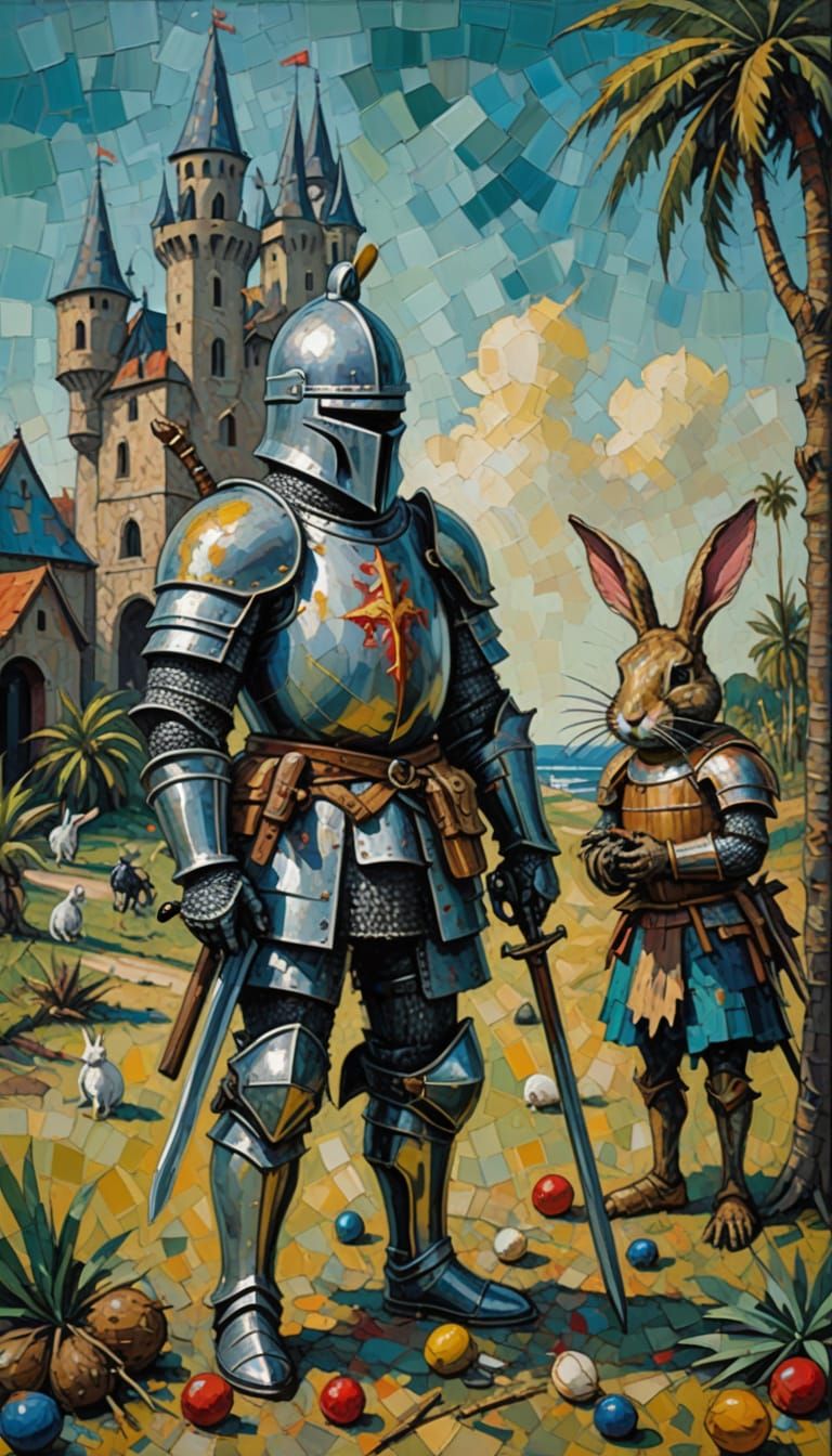 Absurdist Knight with Coconuts: Neo-Expressionist Painting