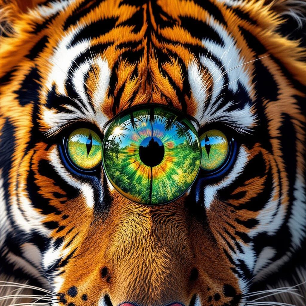 Close-Up Tiger Eye with Miniature Jungle Reflection